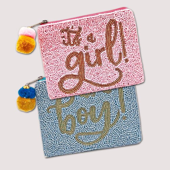It's a Girl or It's a Boy Seed Beaded Pom-Pom Zipper Storage Money Makeup Pouch - Picture 1 of 3